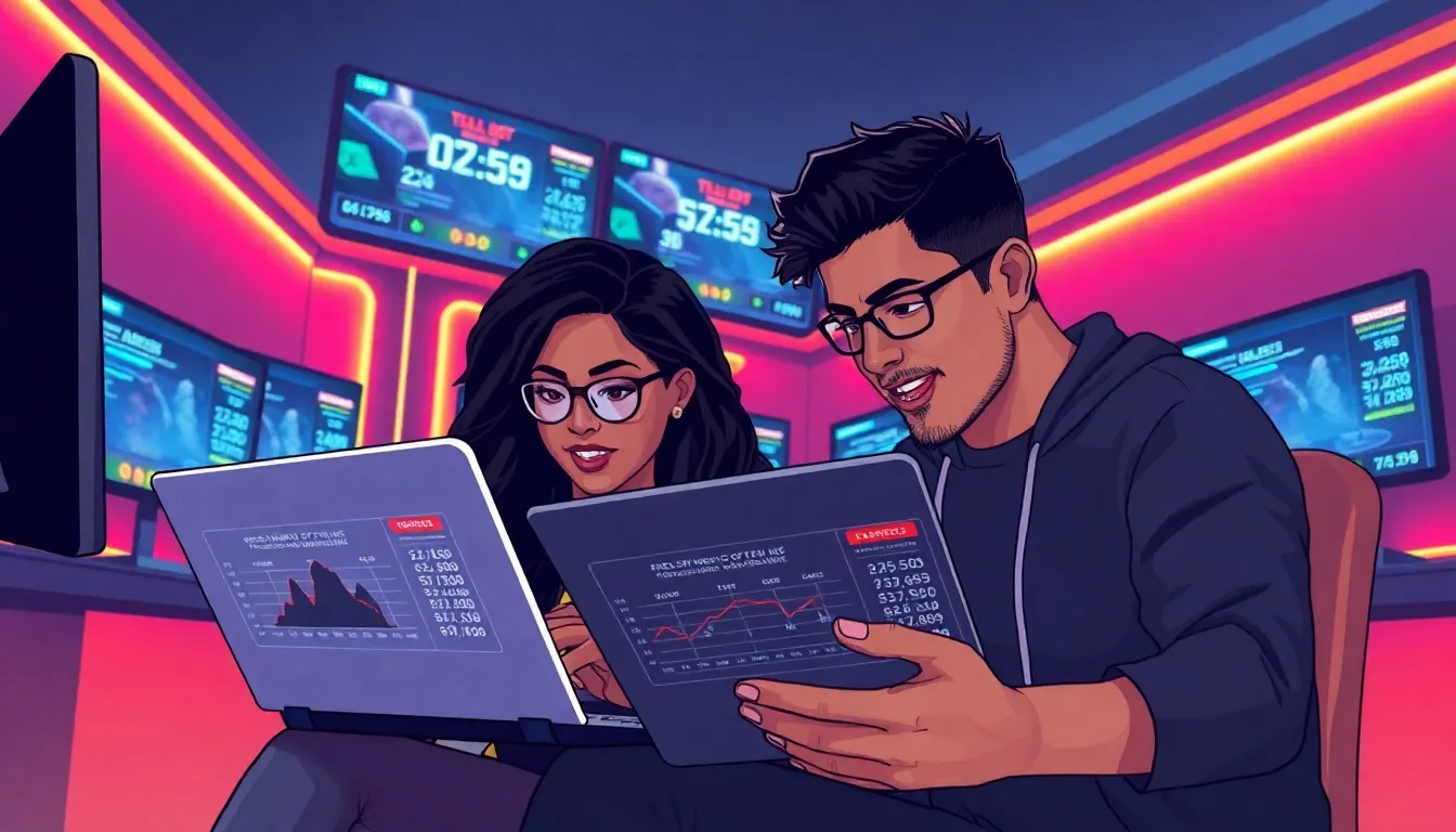diverse gamers analyzing odds in a modern gaming room.