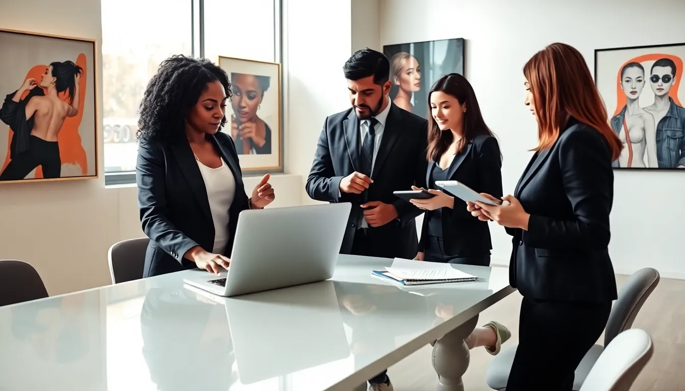 professionals discussing hentai art in a modern workspace.