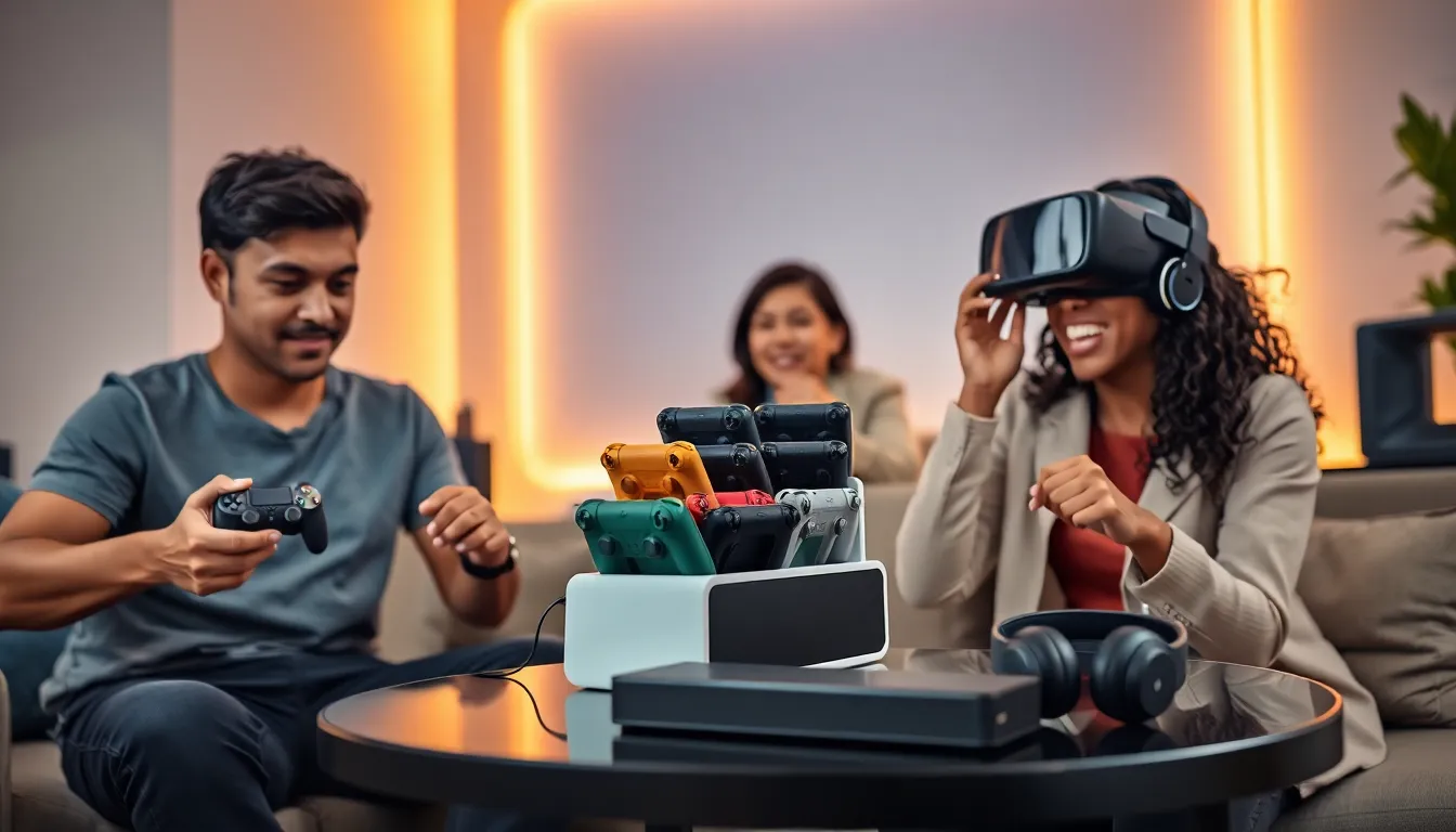 diverse gamers using various gaming console accessories in a modern room.