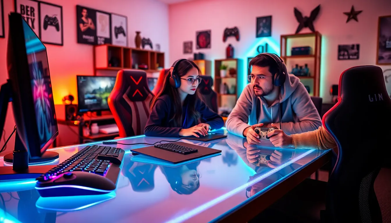 diverse gamers with high-performance gaming equipment in a modern setting.
