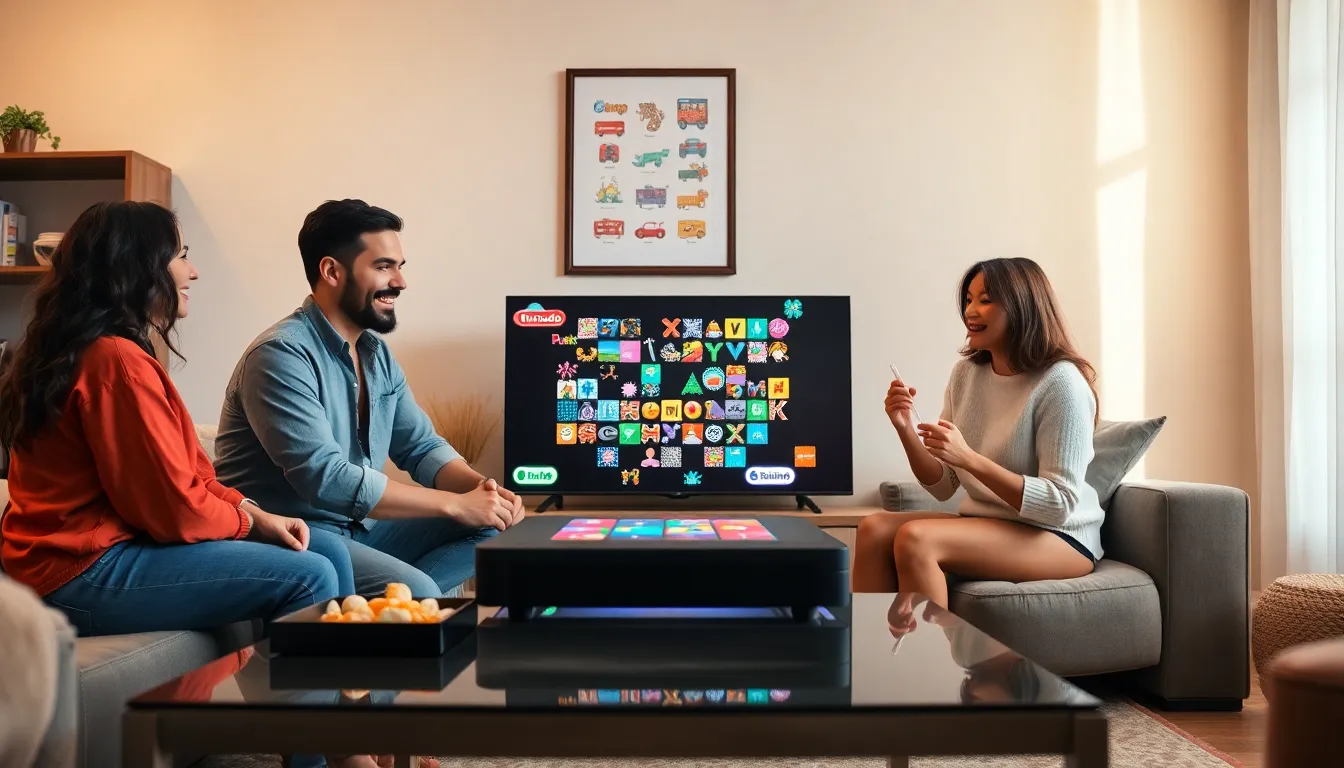 diverse group enjoying a Nintendo puzzle game in a modern living room.