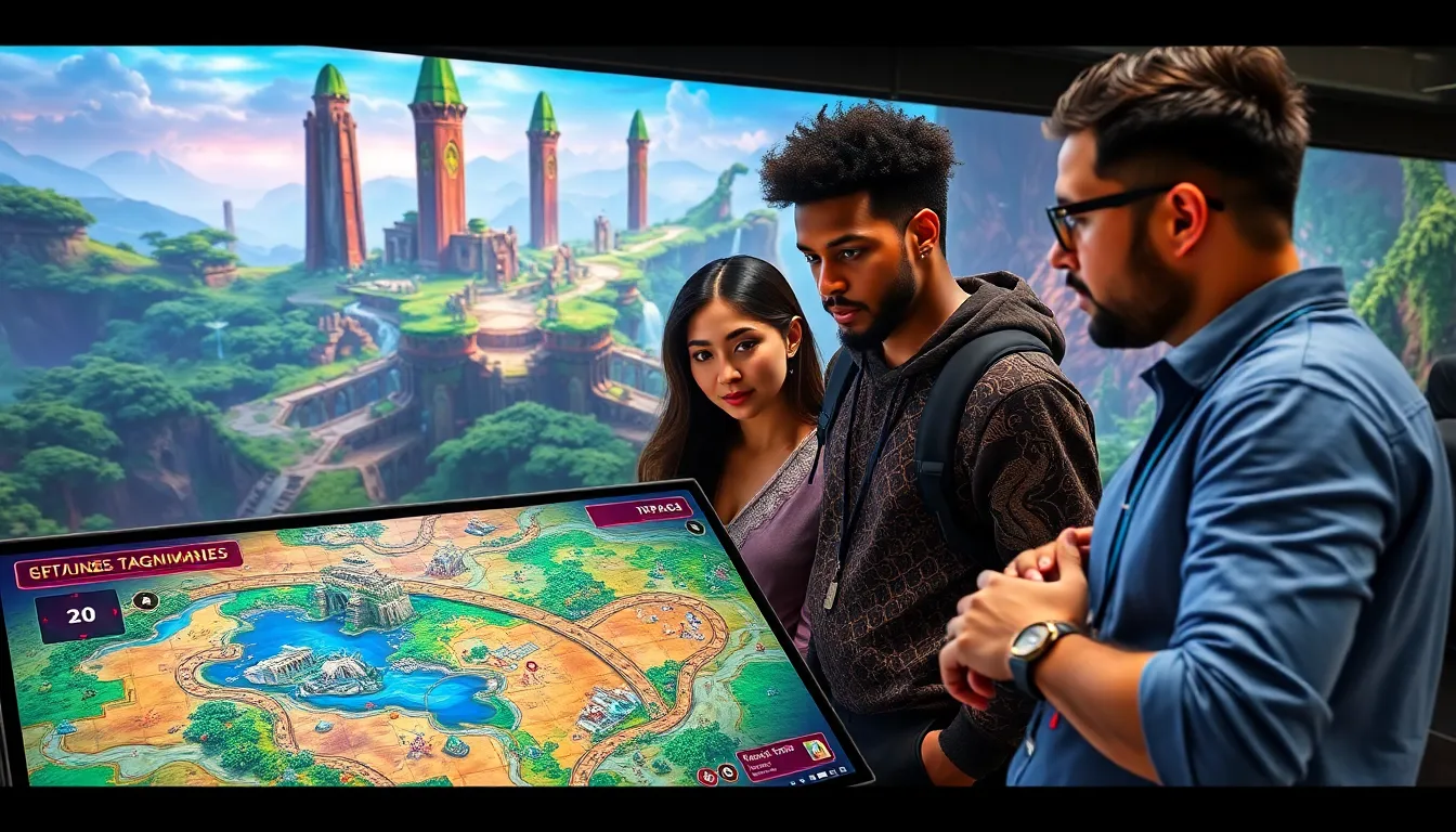 diverse group of gamers collaborating on an adventure puzzle game.