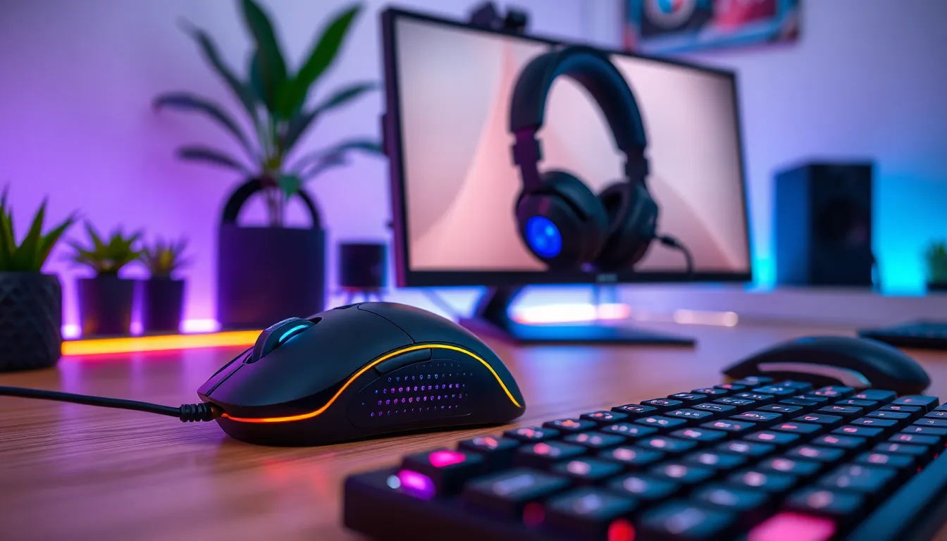 modern gaming setup featuring a high-performance mouse, keyboard, and headset.