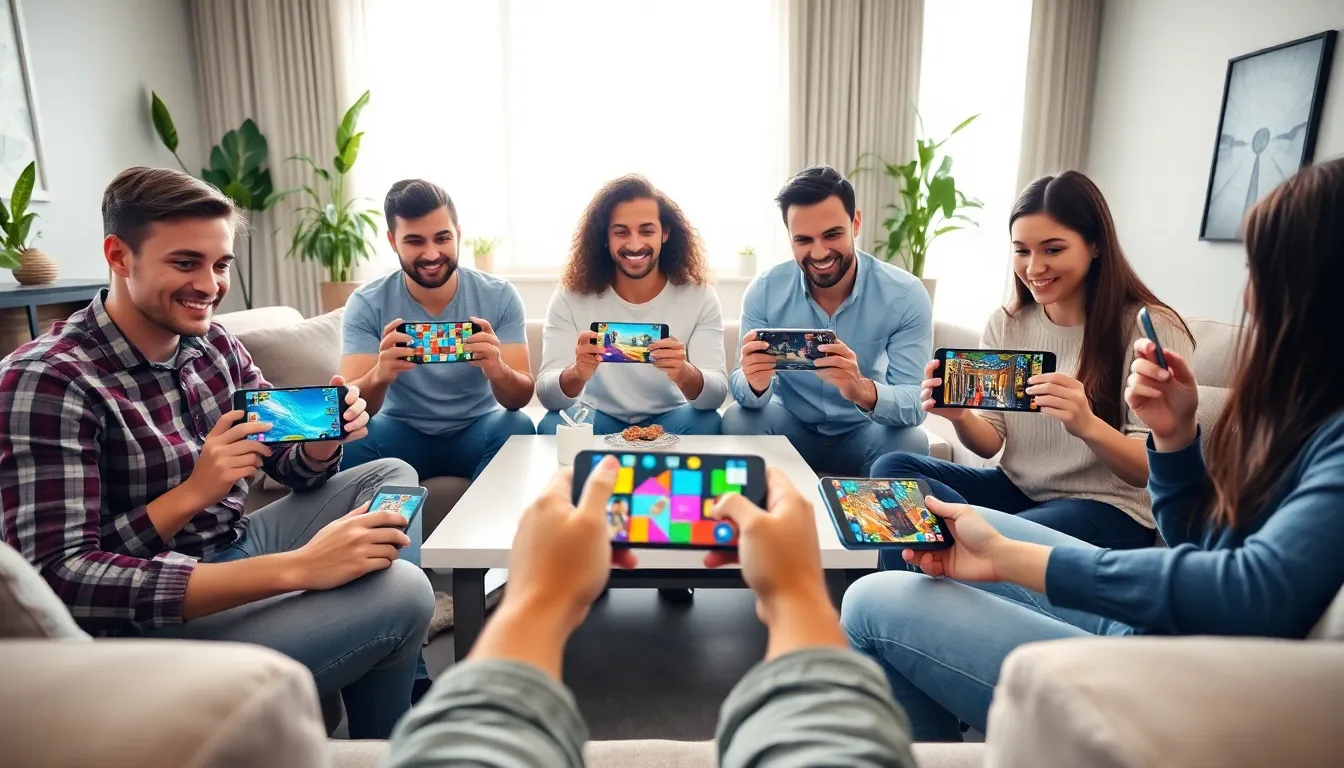 diverse group playing mobile puzzle games in a stylish living room.