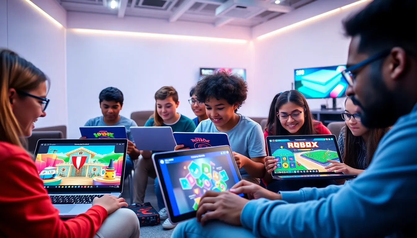 diverse players engaged in puzzle games on laptops in a modern gaming room.