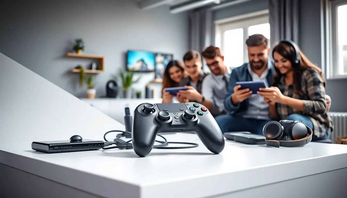 diverse team testing mobile gaming accessories in a modern workspace.