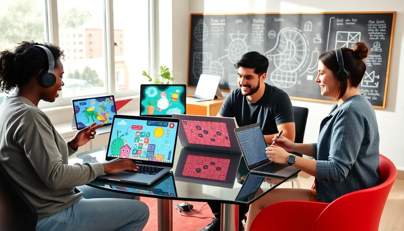 diverse team of game developers collaborating on indie puzzle games.