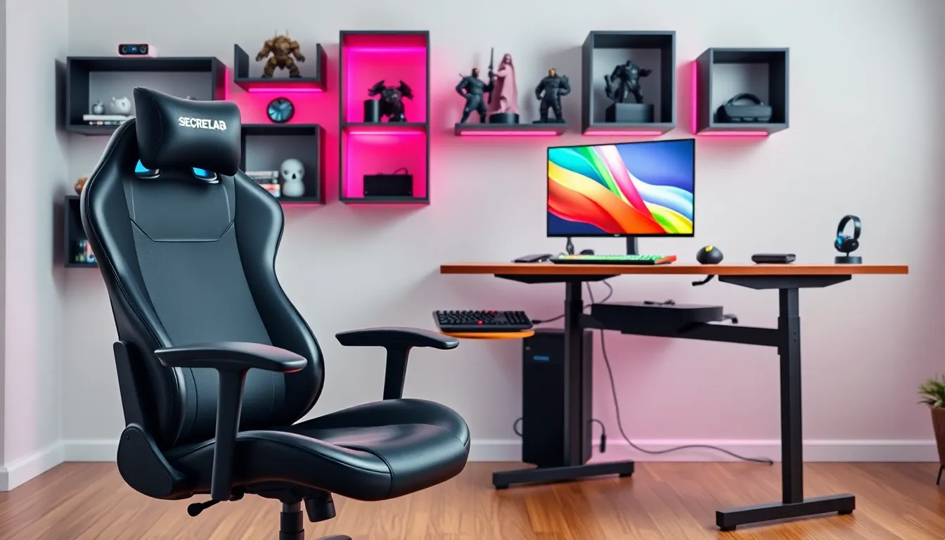 modern gaming setup featuring ergonomic chair and RGB mouse pad.