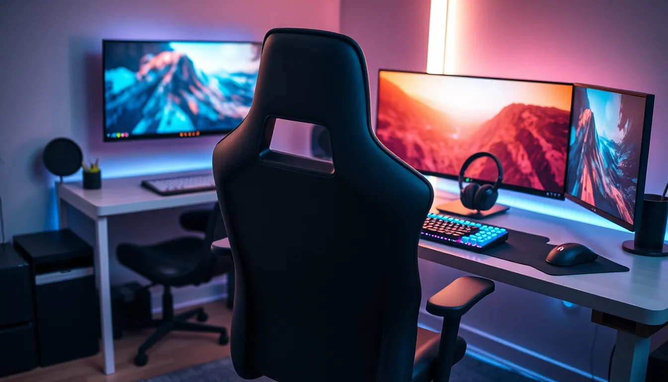 a stylish gaming room with ergonomic chair and modern accessories.